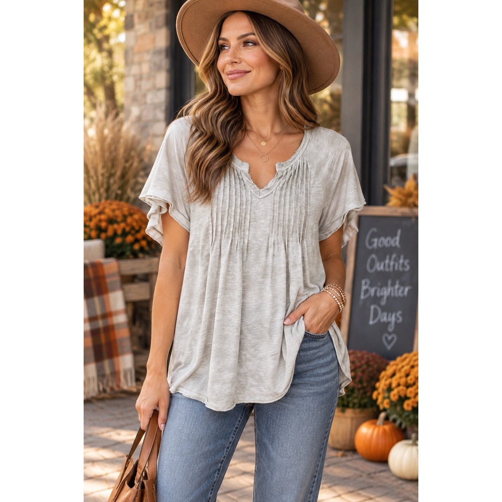 Womens Medium Ivory Boho Pintuck Blouse Flowy Slub Knit Peasant Short Sleeve Top